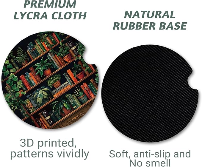 Yonlevres Car Coasters for Cup Holders，2.75" Universal Size Anti Slip Rubber Mat with A Finger Notch, 2 Pack Cup Holder Coasters for Car Interior Accessories for Women Men Vintage Bookshelf