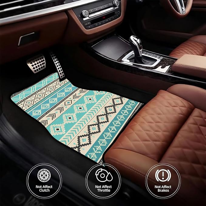 Turquoise Car Floor Mats Set of 4 Tribal Diamond Stripe Car Accessories Foot Mats Rugs, Non-Slip,Decor for Universal Fit for Suvs Sedans Trucks Cars Auto Floor Carpets Rugs All-Weather