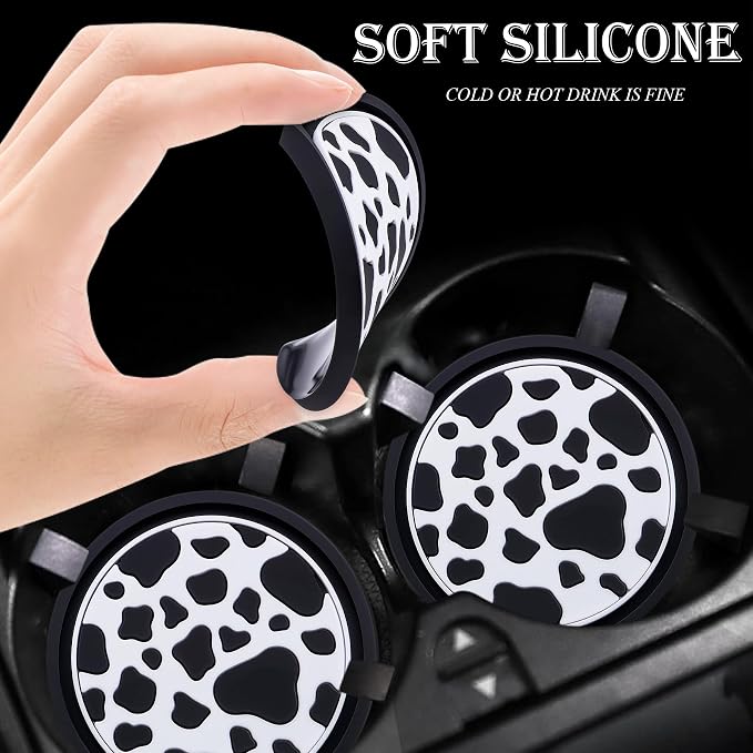 2-Pack Car Cup Coasters – 2.75 Inch Anti-Slip Drink Mats, Universal Auto Holder Insert for Women, Girls, Vehicle Interior Accessories (Cow Print)