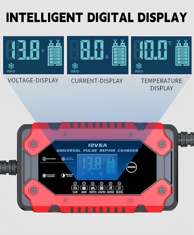 Battery Charger 6-Amp 12V Automatic Smart Battery Trickle Charger, Battery Maintainer Desulfator with Temperature Compensation for Car Truck Motorcycle Lawn Mower Marine
