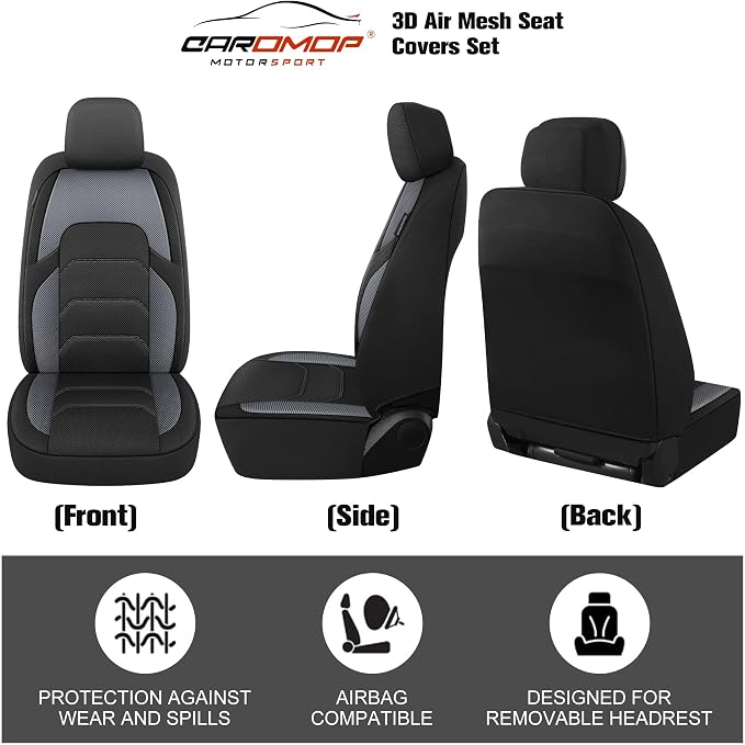 CAROMOP 3D Air Mesh Car Seat Covers 2 Front Seats,Breathable and Durable Seat Covers for Cars,Universal Fit for SUV,Vans,sedans, Trucks, Automotive Interior Covers(Black/Grey)