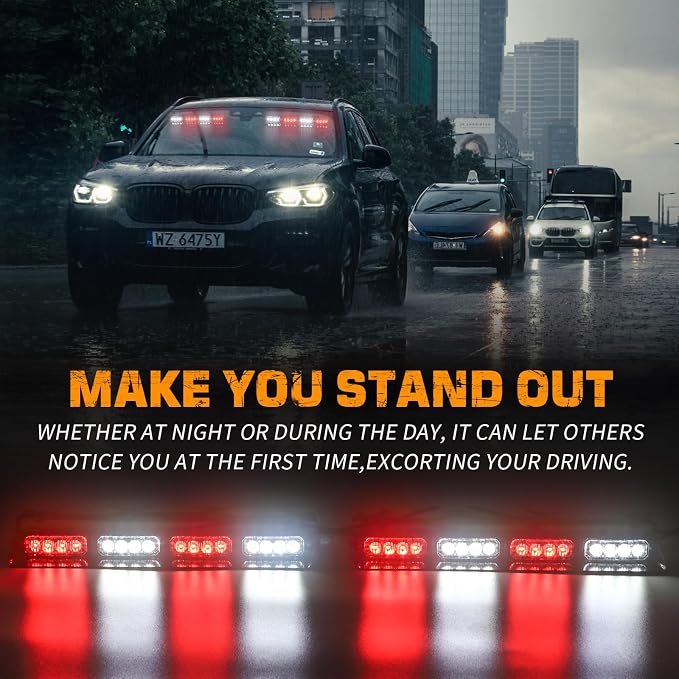 XRIDONSEN 2x 14 inch Red White Emergency Dash Lights 32 LED Strobe Lights | Interior Safety Flashing Warning Hazard Caution Front/Rear Windshield Light Bar for Vehicles Trucks Car