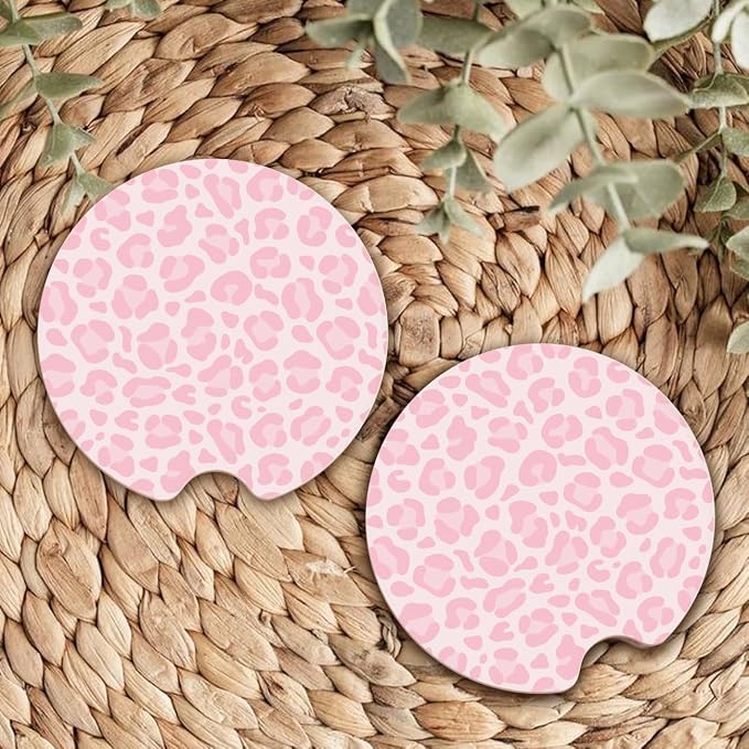 Ceramic Car Coasters – Absorbent Car Cup Holder Coaster Set for Women, Cute Aesthetic Car Accessories for Girls, 2 Pack (Raspberry Pink)