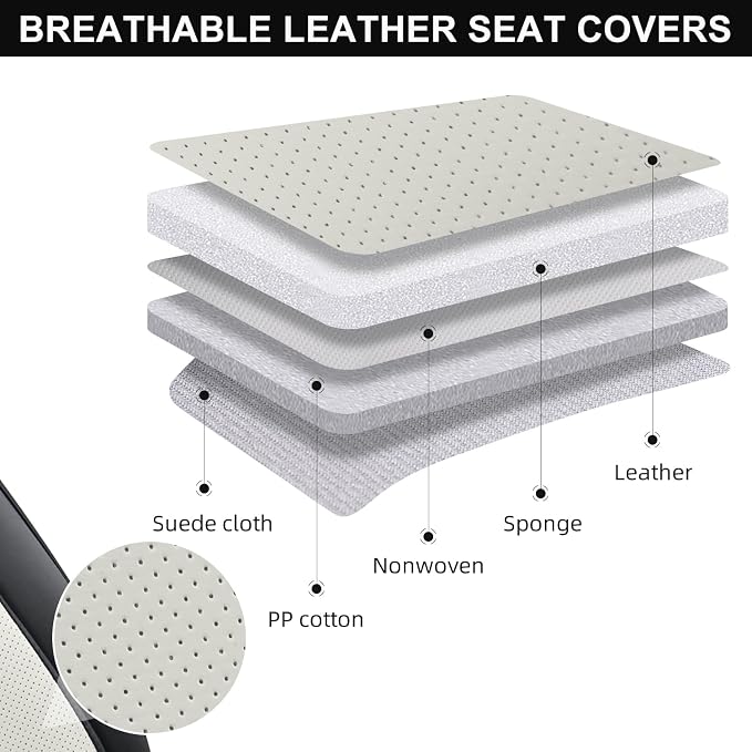 Car Seat Covers Full Set, Breathable Leather Automotive Front and Rear Seat Covers & Headrest, Universal Automotive Vehicle Seat Cover for Most Sedan SUV Pick-up Trucks, Black&Beige