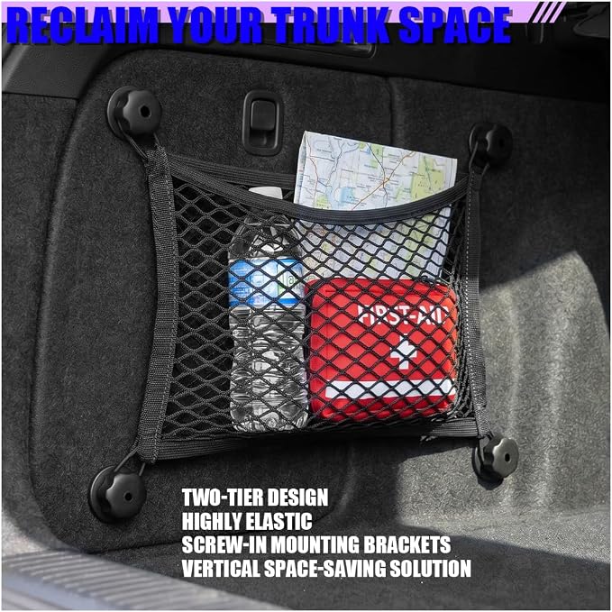 Craedli 2PCS Small Cargo Net, Elastic Stretchable Mesh Net Pocket with Mounting Screws and Hooks, Universal Automotive Trunk Netting Storage Pouch for Car, Truck, SUV, Boat, RV(29 x 9.8 Inch)