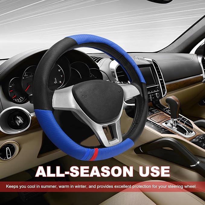 Car Steering Wheel Cover, Breathable Carbon Fiber Wheels Protective Cover Interior Accessories, Universal Anti Slip Protector for Most 14.5-15 Inch Steering Wheels (Blue)