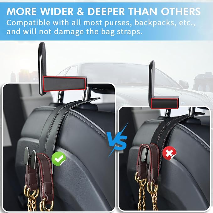 Car Hooks for Headrest, Leather Car Seat Back Storage Organizer Interior Accessories, More Wide & Deep Auto Seat Hook Hangers for Purse Umbrellas Handbag Clothes Coats Grocery Bags (Black-4 Pack)