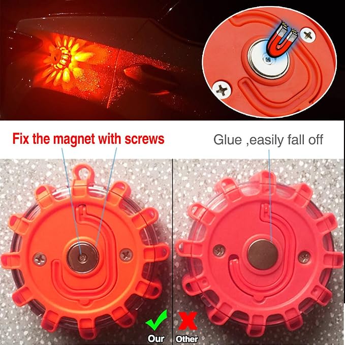 AUTOXBERT 3 PCS LED Road Flares Flashing Warning Lights Roadside Safety Emergency Disc Beacon with Magnetic Base & Hook for Car Truck or Marine Boat
