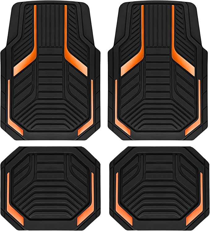 PIC AUTO Heavy Duty Rubber Floor Mats, Orange Aluminum Film Car Mats Set, Front and Rear Car Mats with Anti-Slip Backing, All Weather Protection, Trim-to-Fit for Automotive SUV, Sedan, Van