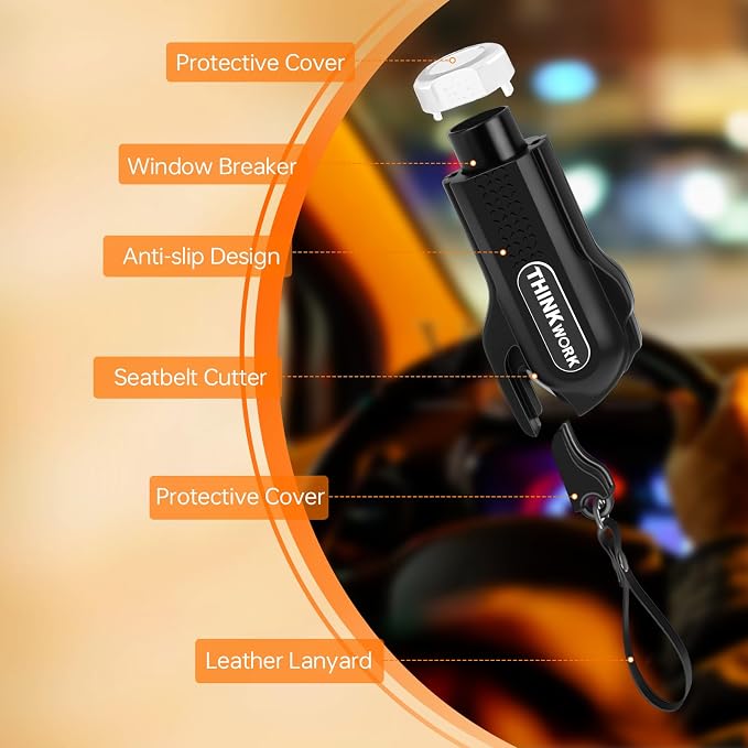 THINKWORK Window Breaker & Seatbelt Cutter - Car Safety Hammer with Tungsten Steel Tip (One-Second Break), Emergency Escape Tool for Vehicle Accidents/Home Fires/Office Lockdowns/School Emergencies