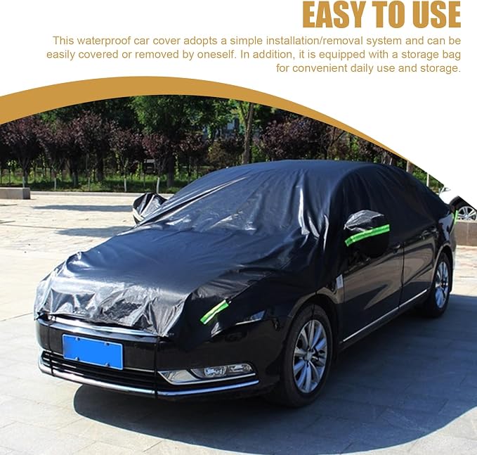 Shakas Half Car Cover, Sun Protection Heat Insulation and Anti-hail Protector for All Seasons, Oxford Velvet Thickened Waterproof Foldable Outdoor Car Cover, for Most Sedans (Black)