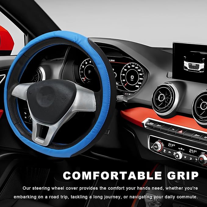 Sun Walker Steering Wheel Cover, Breathable Leather Steering Wheel Covers with Perforated Sides, Anti-Slip Comfortable Grip Auto Sleeve for 14.5-15 Inch Wheels, Car Accessories (Blue)