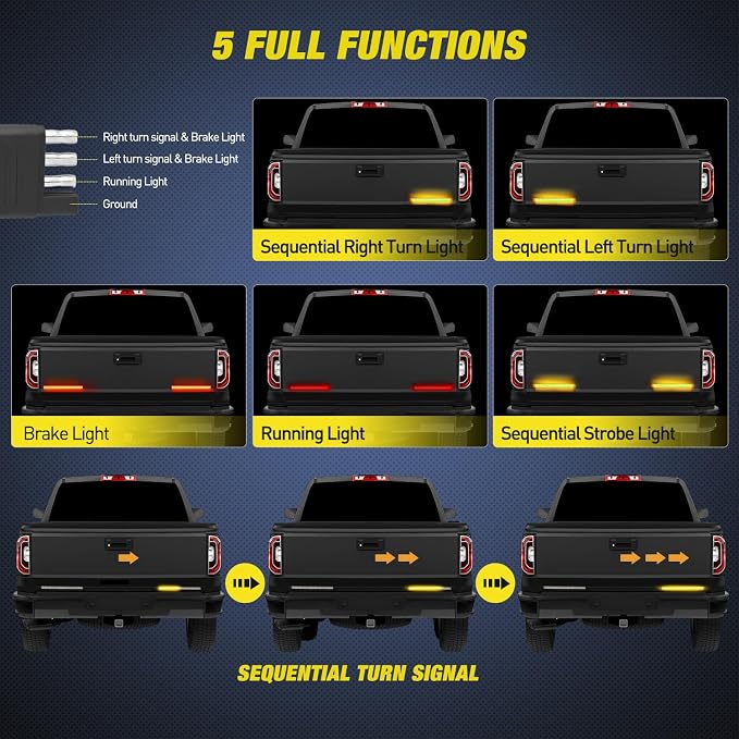 Nilight Truck Tailgate Light Strip 7 Inch Aluminum Frame Double Row 60 LED Red Running Brake Amber Sequential Turn Signals Strobe Lights Bar for Trailer Hitch Cargo Carrier Luggage Rack