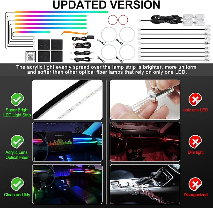 Dreamcolor Acrylic Interior Car LED Strip Light with Wireless APP, RGB 22 in 1 with 175 inches 612 LEDs Fiber Optic Strip Lights for Car, Dual Zone Music Sync Neon Car Ambient Lighting Kits