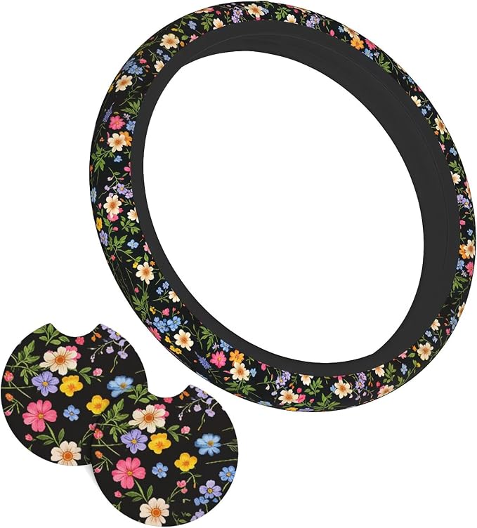 Wildflower Car Steering Wheel Cover - Multicolor Wildflower Steering Wheel Cover Anti-Slip Breathable Universal for 15 in 2 Pcs Car Interior Cup Holder Pad for Men Women