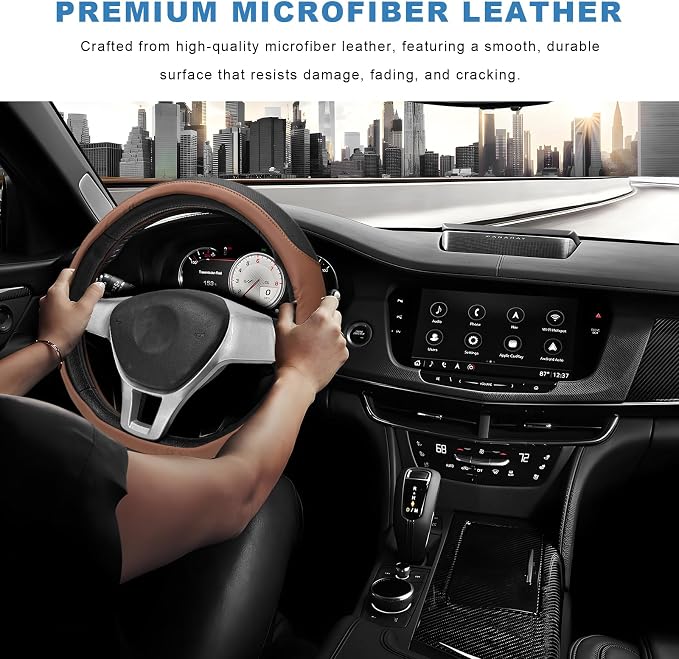 Sun Walker Steering Wheel Cover, Breathable Leather Steering Wheel Covers with Perforated Sides, Anti-Slip Comfortable Grip Auto Sleeve for 14.5-15 Inch Wheels, Car Accessories (Brown)