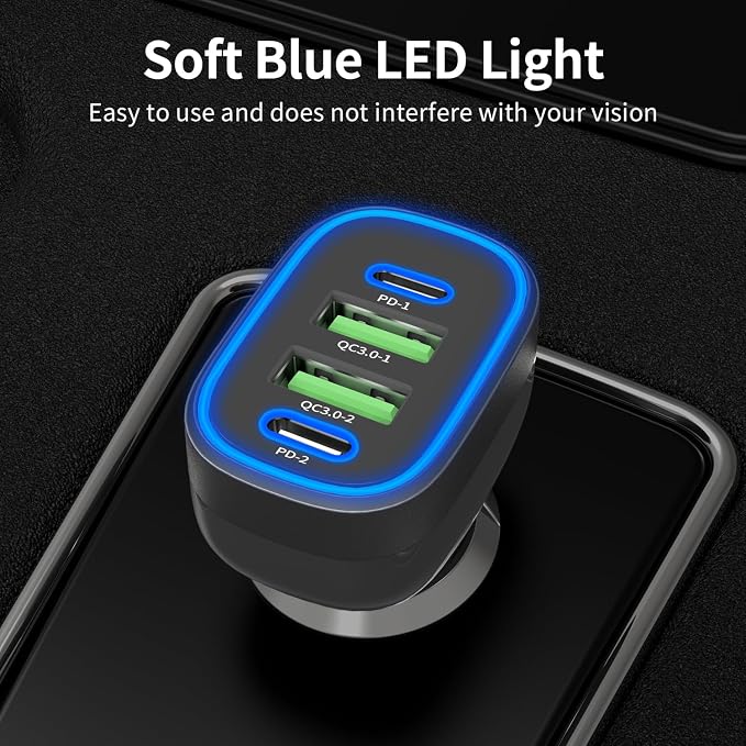 90W 4 Ports USB C Super Fast Car Charger for iPhone 17/Android Car Adapter | Dual 45W USBC& 22.5W USB Port, Roadtrip Essentials, Multi Port Car Charger, 12V Cigarette Lighter Adapter, Car Accessories