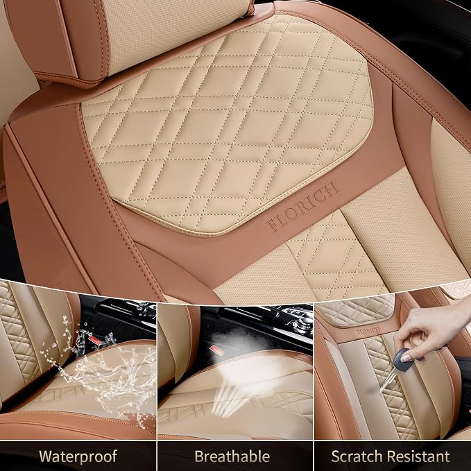FLORICH Seat Covers, Atomutive Car Seat Covers Full Sets, Waterproof Seat Cover for Cars, Luxury Leather Universal Seat Cover Accessories Fit for Most Cars SUV Truck Sedans(Beige)