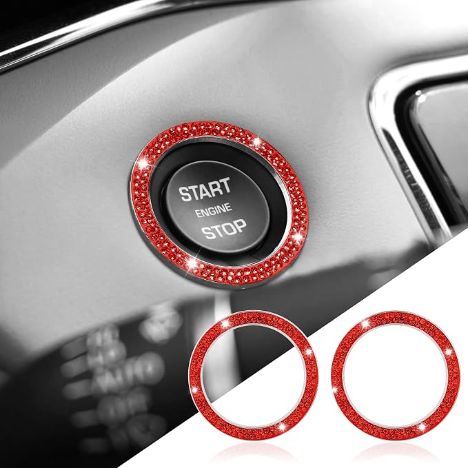 2PCS Bling Car Crystal Rhinestone Ring Emblem Sticker, Push to Start Button Cover/Sticker, Key Ignition Starter & Knob Ring, Car Interior Decoration Bling Car Accessories for Women