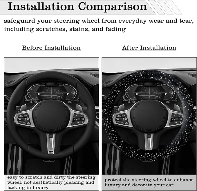 Black Bling Starry Sky Furry Steering Wheel Cover, Universal 14.5-15 Inch Winter Plush Warm Steering Wheel Cover, Soft Fluffy, Anti-Slip Design, Soft Texture