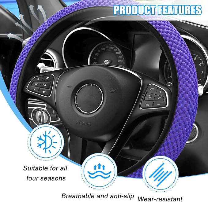 Car Elastic Stretch Steering Wheel Cover, 14.5-15" Breathable Ice Silk Anti-Slip Vehicle Steering Wheel Protector, Comfy Auto Interior Protection Accessories, Universal Fit (Purple)