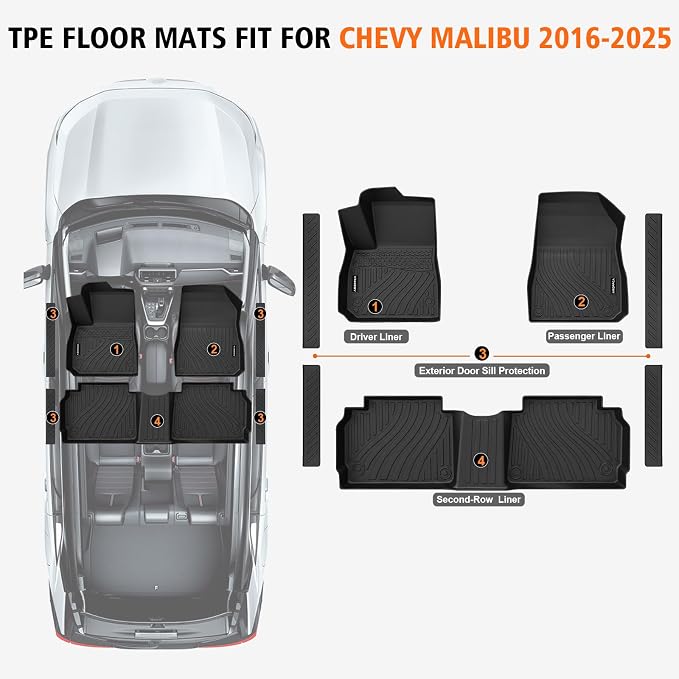 All Weather Floor Mats for 2016-2025 Chevy Malibu, TPE Rubber Floor Liners Anti-Slip Full Set with Door Sill Protectors Automotive Mats for 2024 2025 Chevy Malibu Accessories
