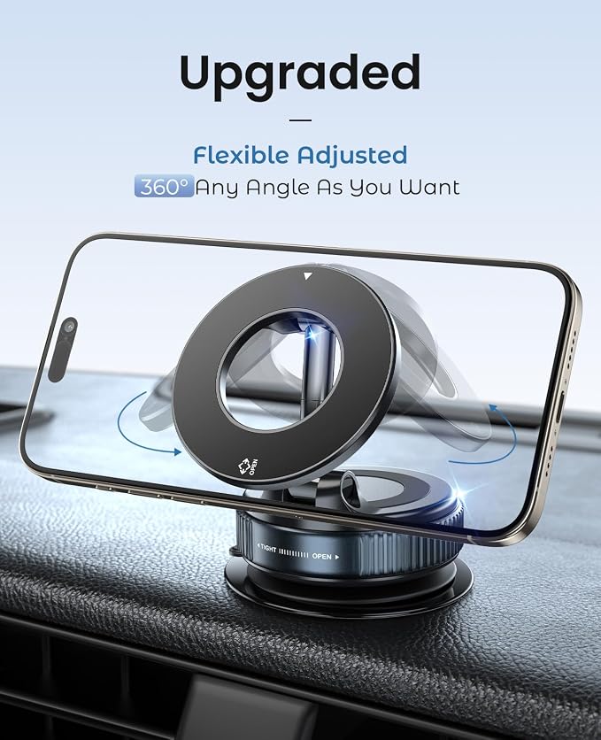 Jononser Magnetic Car Phone Holder for MagSafe, Vacuum Suction Phone Mount with Dashboard Pad for Dashboard & Windshield, Pocket-Size Foldable 360° Adjustable Car Mount for iPhone 17-12 Series