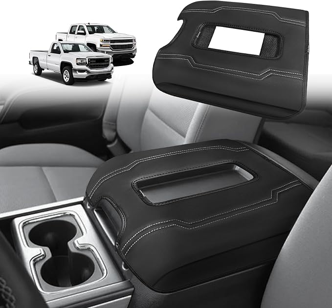 Muslogy Center Console Armrest Cover Fit for Chevy Silverado & GMC Sierra 1500 2500 3500 2014-2018, Tahoe/Yukon/Suburban 2015-2020, Comfort Armrest Pad Console Lid Cushion Regular Thick (Bucket Seat)