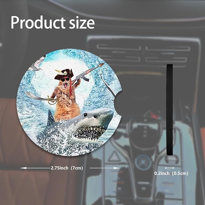 2pcs Cute Shark and Cat Car Coasters,Absorbent Universal neoprener Cup Holder Coasters with a Finger Notch,Car Accessories for Women&Man Interior，2.75"