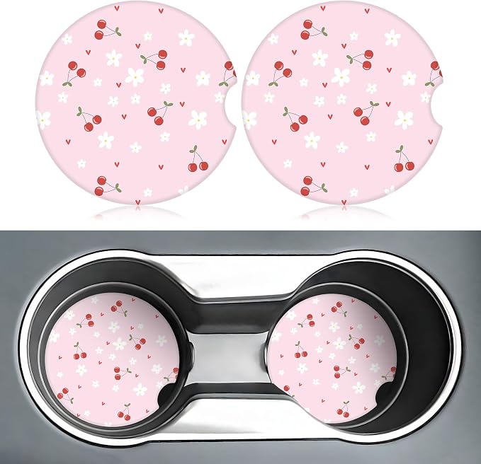 Pink Cherry Car Coasters for Cup Holders,2 Pack Car Cup Holder Coasters for Car,Ceramic Absorbent Car Coaster with A Finger Notch and Cork Base,Car Interior Accessories for Women Men