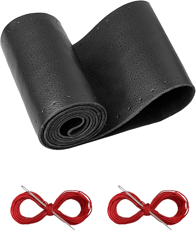 BELINOUS Leather Steering Wheel Cover Lace Up, Stitch on Steering Wheel Wrap, Universal Fit 13-20 Inch Car Truck Pickup Boat, A Whole Piece of Cowhide, DIY w/Needle Thread (Size XXL1, Black & Red)