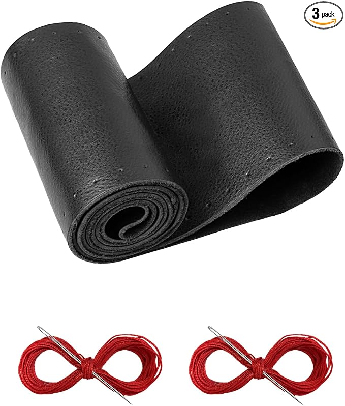 Belinous Leather Steering Wheel Cover Lace Up, Stitch on Steering Wheel Wrap, Universal Fit 13-20 Inch Car Truck Pickup Boat, A Whole Piece of Cowhide, DIY w/Needle Thread (Size XXL5, Black & Red)