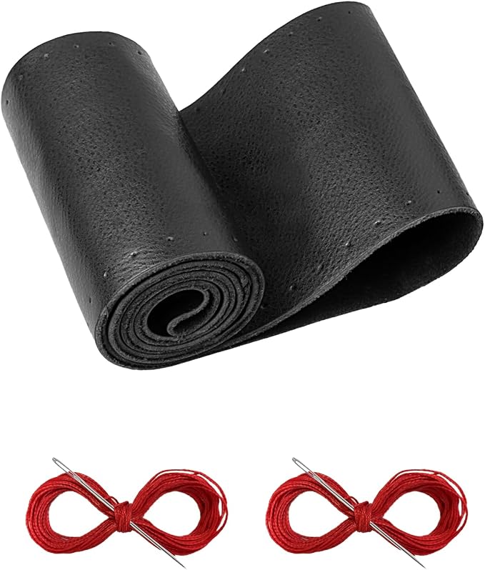 BELINOUS Leather Steering Wheel Cover Lace Up, Stitch on Steering Wheel Wrap, Universal Fit 13-20 Inch Car Truck Pickup Boat, A Whole Piece of Cowhide, DIY w/Needle Thread (Size S3, Black & Red)