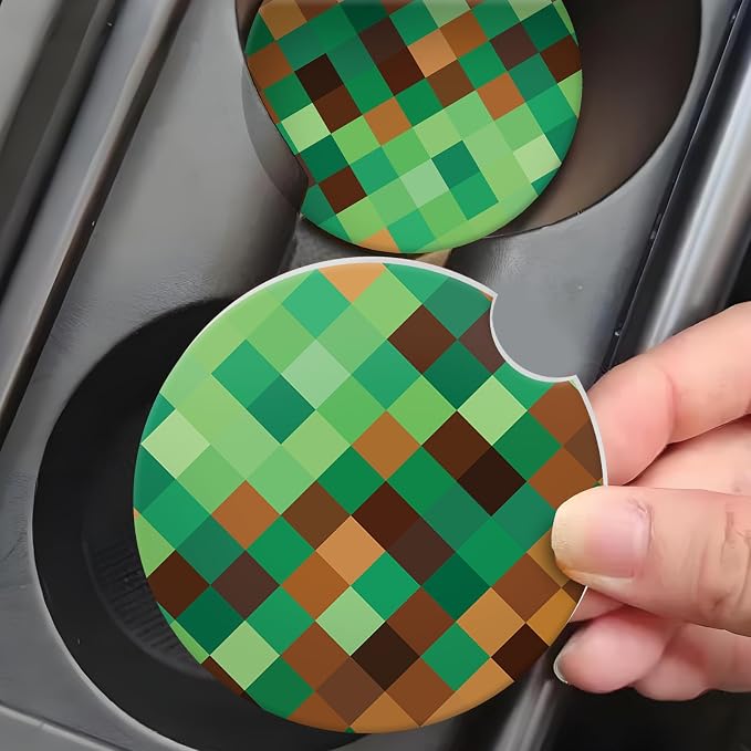 Green Brown Checkerd Car Coasters for Cup Holder Absorbent Ceramic Cup Coaster 2 Pack Anti Slip Car Interior Accessories with Finger Notch Cork Base for Women Men 2.56"