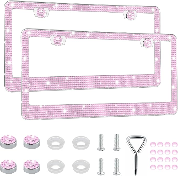 GaRhomxy Bling License Plate Frames for Women, 2 Pack Handcrafted Sparkly Rhinestone Car Accessories, Premium Stainless Steel Frame with 1000+ Faceted Glass Crystals & Free Glitter Caps (Pink)