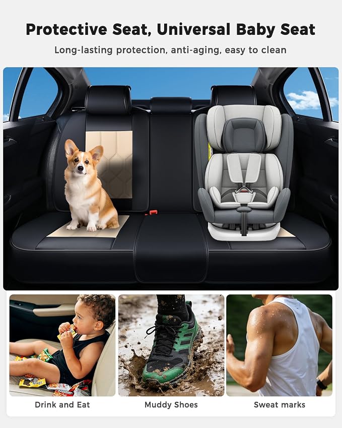 Huidasource Car Seat Covers, Universal Fit for Cars SUV Trucks, Black&Beige | Full Coverage Leather Seat Cover, Airbag, Cupholder Compatible, Seat Function Retain, Easy Install with Velcro