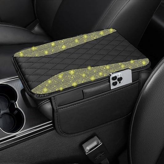 NBTEPEM Bling Car Center Console Cover, Leather Middle Console Cover with 2 Storage Bags, Universal Arm Rest Cover Protector, Bling Car Accessories Interior Fit for Most Vehicles, Yellow Diamond