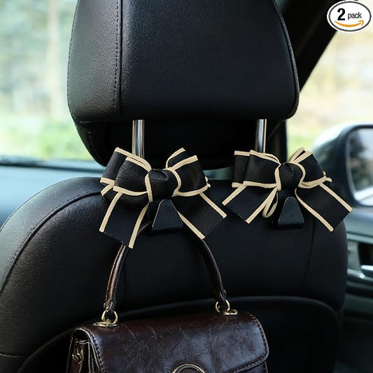 2PCS Car Seat Headrest Hooks, Car Purse Hook, Cute Bow Knot Vehicle Seatback Hanging Storage Organizer, Auto Seatback Decor Organizer Hanger for SUV Truck (White Line)