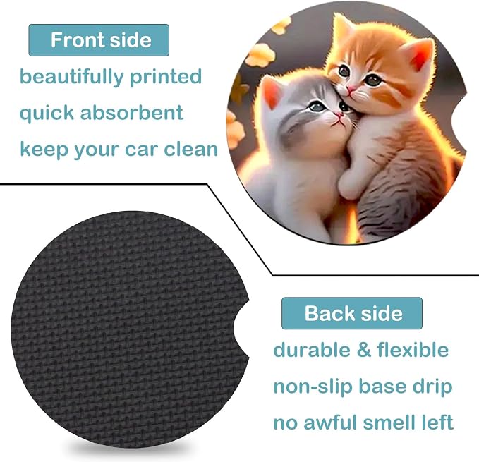 2 PCS Two Cat Car Cup Holder Coasters Universal Neoprene Coasters | 2.75" Universal Size Anti Slip Rubber Mat, Auto Cup Holder Accessories for SUV Truck, Gifts for Cat Lovers Women Men Mom