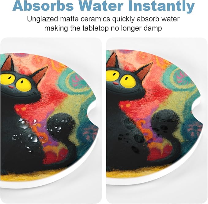 2 Pack Car Cup Holder Coaster, 2.63 inch Anti Slip Insert Absorbent Ceramic Car Coaster with Cork Base and Finger Notch, Cute Car Accessories Interior for Women, Cute Car Coasters.