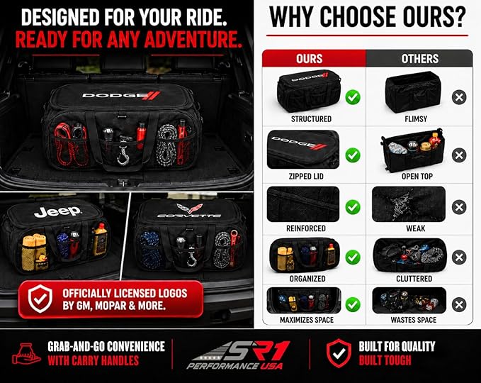 SR1 Performance USA Dodge Pop Up Cargo Organizer – Expandable Collapsible Trunk Storage Caddy for Challenger, Charger, Durango, Hornet, Dart & More – Black with Logo