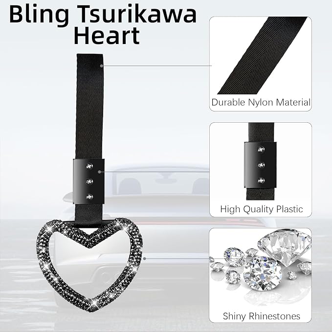NBTEPEM Bling Heart Handle Ring Bling Car Accessories for Women Handle Strap Drift Charm Rear Bumper Warning Ring Tsurikawa Heart Decor for Car Interior Exterior Decoration (Black, Heart Style)