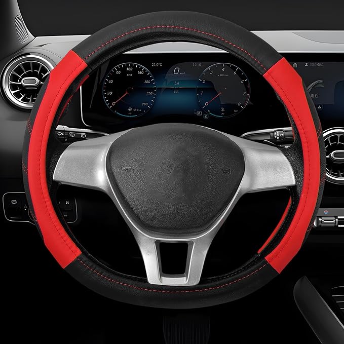 Sport Leather Steering Wheel Cover, 14.5-15 Inch Breathable Auto Steering Wheel Protector with Anti-Slip Lining, Soft Comfortable Leather Wheel Protector for Cars Trucks SUVs (Black & Red)