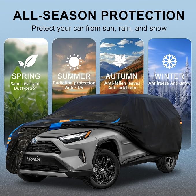 SUV Car Cover Waterproof All Weather for Automobiles, Full Exterior Covers for Jeep (191-201 inch) Universal Fit for Jeep Grand Cherokee, Ford Explorer, etc. Rain Winter Sun Snow Protection.
