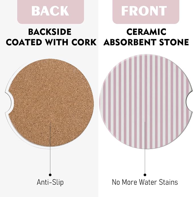 2 Pack Car Coasters for Cup Holders, Absorbent Ceramic Cup Coaster with Cork Base and Finger Notch, Cute Car Accessories Interior for Women Men