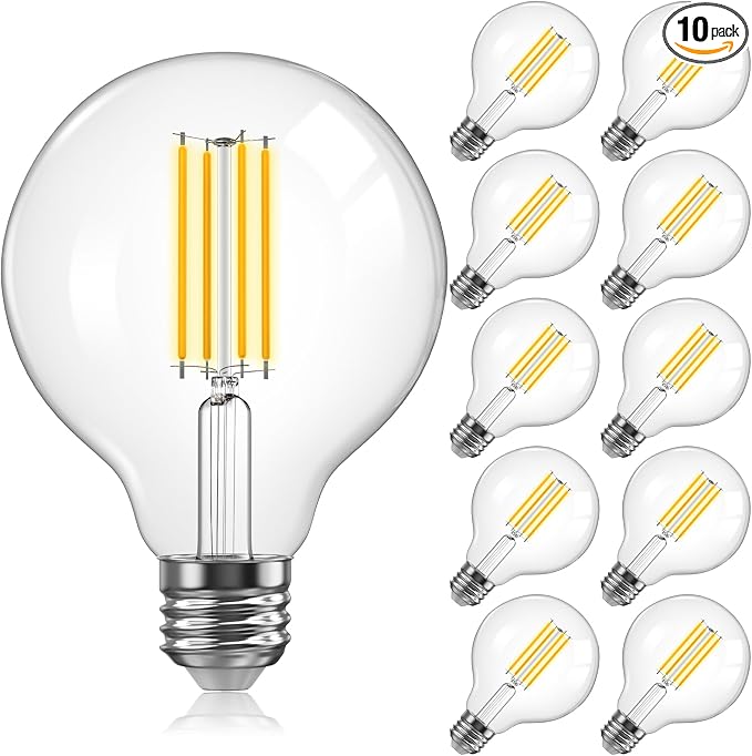TJOY 10 Pack G25 Globe Light Bulbs, LED Edison Vanity Light Bulbs, Dimmable, 2700K Warm White, 500 Lumens, 5.5W=60W, CRI80, Clear Vintage Filament Globe, E26 Base for Vanity