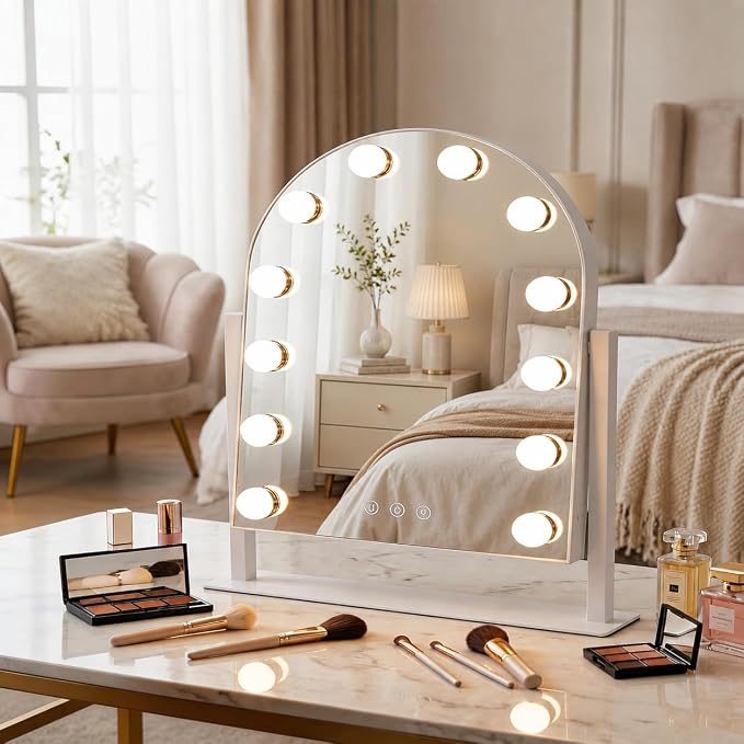 Arched Makeup Vanity Mirror with LED Lights Makeup Mirror Detachable 10X Magnification, Hollywood Make Up Mirror with Lighting, Smart Touch, Rechargeable,360° Rotation, White 18.5"x 14.17"