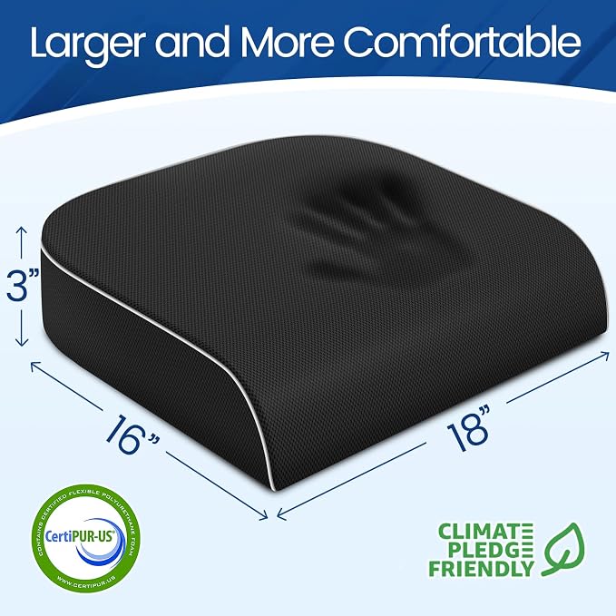 SweetSlubr Seat Cushion for Tailbone Pain Relief, Office Chair Cushion, Chair Pad, Memory Foam Large Cushion with Non-Slip Cover for Soft Support at Office Chair, Car Seat, Airplane, Black/Large