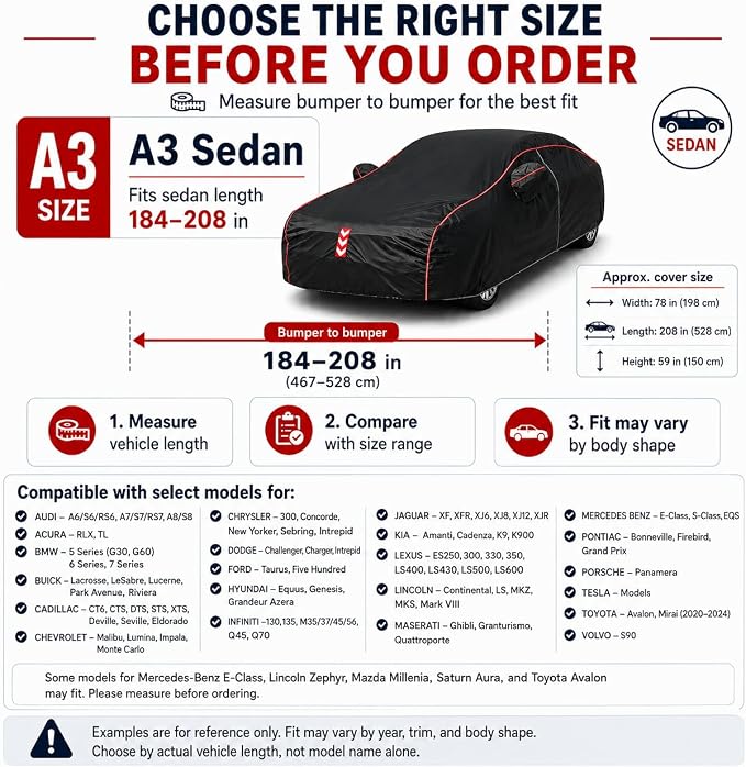 Car Cover Waterproof All Weather, 8-Point Fastening for Sedans 194-208 in | 8-Point Fastening, 120s Quick Setup, 600D Oxford Fabric, All-Weather Protection