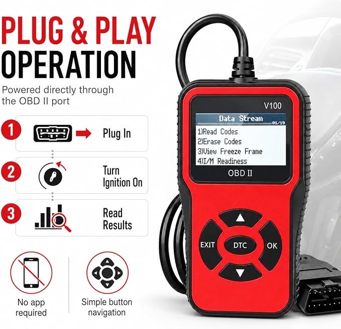 V100 OBD2 Diagnostic Diagnostic Tool Tool, Code Reader, Engine Light Diagnostic Tool, Battery Voltage Tester, for OBD2 Cars & Trucks Since 1996